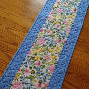 Quilted Table Runner, Quilted Floral Table Runner, Floral Runner, Blue Floral Table Runner, 13 x 40 1/2 inches.