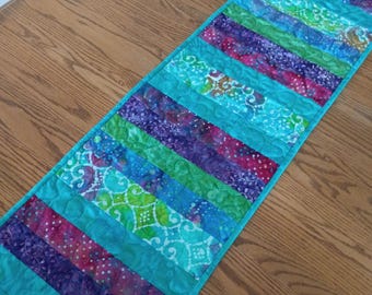 Quilted Table Runner, Purple Batik Runner, Colorful Batik Runner, Batik Quilted Runner, Batik Table Runner, 13 x 41 1/2 inches