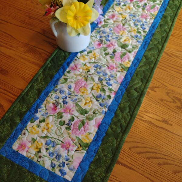 Quilted Table Runner, Quilted Spring Floral Runner, Quilted Floral Runner, Reversible Runner, 14 x 40 inches