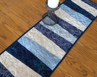 Quilted Table Runner, Quilted Blue Batik Table Runner, Modern Runner, Quilted Blue Wedge Runner, 13 x 41 1/2 inches