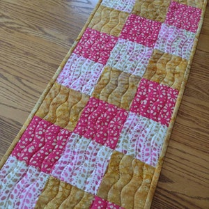 Quilted Table Runner, Pink and Gold Batik Runner, Batik Table Runner, Quilted Batik Runner, 13 1/2 x 39 1/2 inches