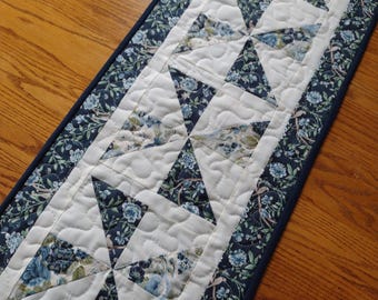 Quilted Table Runner, Blue and Green Floral Pinwheel Runner, Farmhouse Runner,  Traditional Pinwheel Runner, 14 1/2 x 40 inches