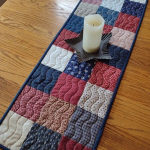 Quilted Table Runner, Navy and Dark Red Runner, Quilted Farmhouse Runner, Rustic Runner, 13 1/2 x 39 inches