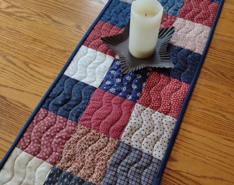 Quilted Table Runner, Navy and Dark Red Runner, Quilted Farmhouse Runner, Rustic Runner, 13 1/2 x 39 inches