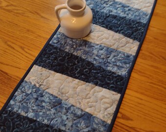 Quilted Table Runner, Quilted Blue Batik Table Runner, Modern Runner, Quilted Blue Wedge Runner, 13 1/2 x 43inches