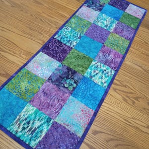 Quilted Table Runner, Purple Turquoise Green and Blue Batik Runner, Batik Table Runner, Quilted Blue Batik Runner, 13 1/2 x 38 inches