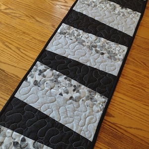 Quilted Table Runner, Quilted Black Gray and White Runner, Modern Runner, Quilted Black and Gray Wedge Runner, 13 1/2 x 42 inches