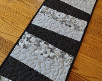 Quilted Table Runner, Quilted Black Gray and White Runner, Modern Runner, Quilted Black and Gray Wedge Runner, 13 1/2 x 42 inches
