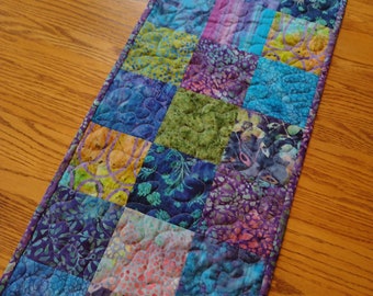 Quilted Table Runner, Purple Turquoise Green and Blue Batik Runner, Batik Table Runner, Quilted Blue Batik Runner, 13 1/2 x 39 inches