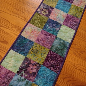 Quilted Table Runner, Purple Turquoise Green and Blue Batik Runner, Batik Table Runner, Quilted Blue Batik Runner, 13 1/2 x 39 1/2 inches