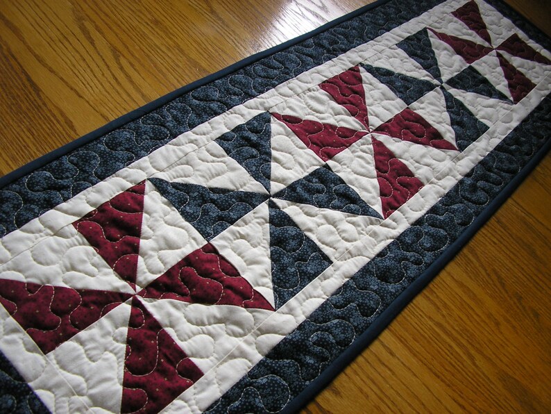 Quilted Table Runner Navy Blue and Burgundy Pinwheel Runner Etsy