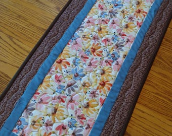 Quilted Table Runner, Quilted Floral Runner, Quilted Floral Table Runner, Reversible Runner, 14 x 40 inches.
