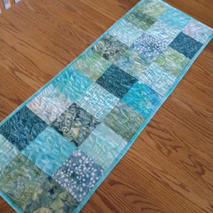 Quilted Table Runner, Turquoise and Blue Batik Runner, Batik Table Runner, Quilted  Batik Runner, 13 1/2 x 39 inches