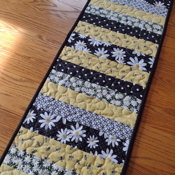 Quilted Table Runner, Daisies and Bees Quilted Table Runner, Yellow and Black Quilted Runner, 13 1/2 x 42 inches
