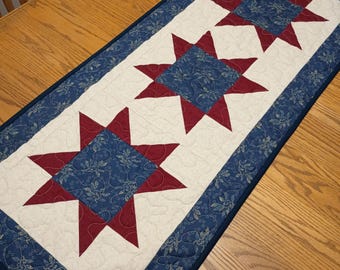 Quilted Table Runner, Large Quilted Star Runner, Navy Blue and Burgundy Star Runner, 18 1/2 x 43 inches