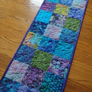 Quilted Table Runner, Purple Turquoise Green and Blue Batik Runner, Batik Table Runner, Quilted Blue Batik Runner, 13 1/2 x 39 inches