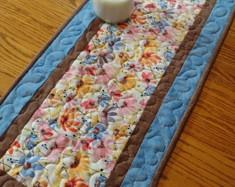 Quilted Table Runner, Quilted Floral Runner, Quilted Floral Table Runner, Reversible Runner, 14 x 40 inches.