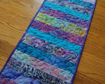 Quilted Table Runner, Batik Runner, Batik Quilted Runner, Purple and Turquoise Batik Runner, 13 1/2 x 40 1/2 inches