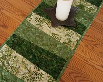 Quilted Table Runner, Quilted Green Batik Table Runner, Modern Runner, Quilted Green Wedge Runner, 13 1/2 x 40 1/2 inches