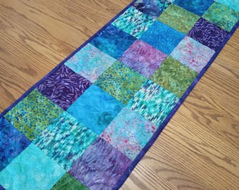Quilted Table Runner, Purple Turquoise Green and Blue Batik Runner, Batik Table Runner, Quilted Blue Batik Runner, 13 1/2 x 38 1/2 inches