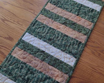 Quilted Table Runner, Green and Gold Batik Runner, Batik Quilted Runner, Batik Runner, 13 1/2 x 41 inches