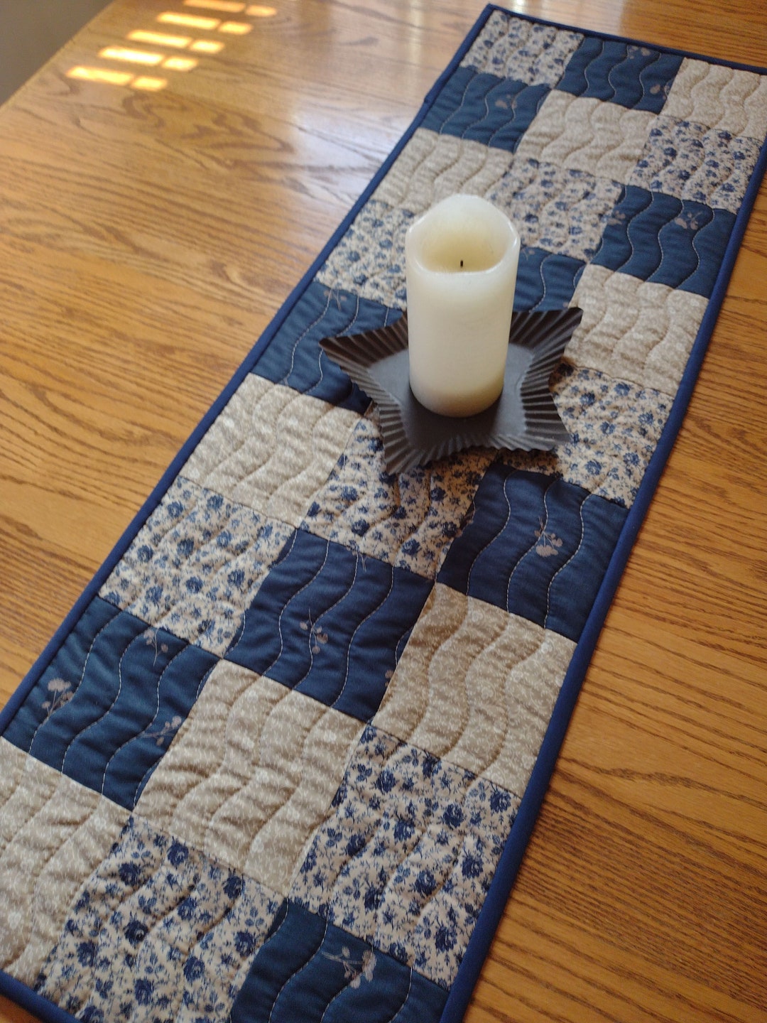 Quilted Table Runner, Table Runner, Navy Blue and Tan Runner, Quilted
