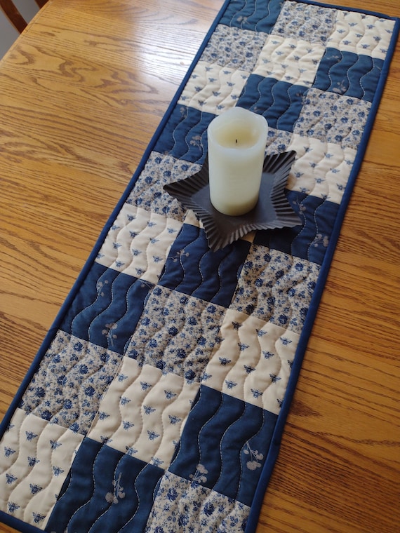 Quilted Table Runner, Table Runner, Navy Blue and Tan Runner, Navy Bees Runner, Quilted Patchwork, Quilted Runner, 13 1/2 x 39 inches