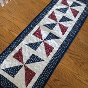 Quilted Table Runner, Navy and Red Pinwheel Runner, Farmhouse Runner,  Rustic Pinwheel Runner, 14 1/2 x 41 inches