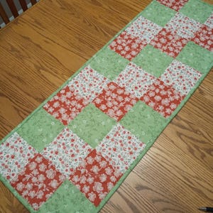 Quilted Table Runner, Peach and Green  Table Runner, 13 1/2 x 38 1/2 inches