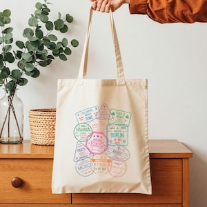 Vintage Travel Stamp Canvas Tote Bag, Travel Accessories, Vintage Stamp Tote, Vacation Bag, Gift for Her, Eco Friendly Tote, Day Bag