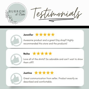 May include: Three customer testimonials with five-star ratings and positive reviews for an Etsy shop called Burrow & Calm. The reviews highlight the quality of the products, the excellent customer service, and the overall positive experience.