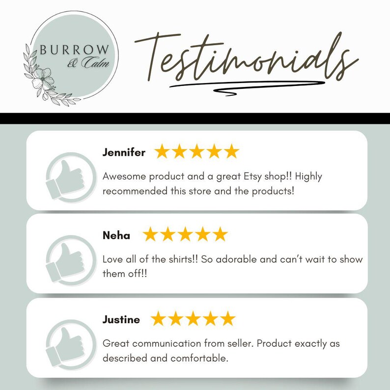 May include: Three customer testimonials with five-star ratings and positive reviews for an Etsy shop called Burrow & Calm. The reviews highlight the quality of the products, the excellent customer service, and the overall positive experience.
