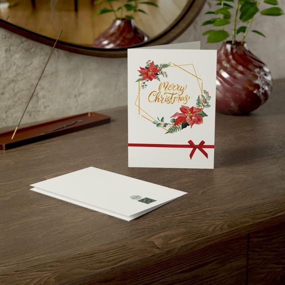 Lot De 10 Cartes De Noël Premium Avec Enveloppes - Designs Poinsettia Et Couronne Dorée