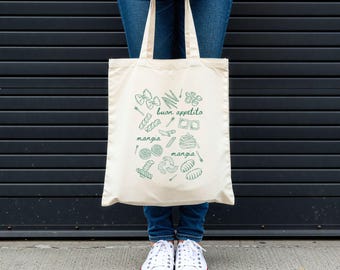 Buon Appetito Canvas Tote Bag, Pasta Bag, Pasta Doodle, Italian Tote, Food Lover Gift, Gift for Her, Eco Friendly Tote, Day Bag, Market Tote