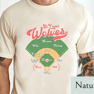May include: A natural-colored t-shirt featuring a baseball-themed graphic. The design includes the text "St. Louis Wolves" in red script above a baseball field illustration. Additional text includes "Why", "What", "Who", and "Since 1938".