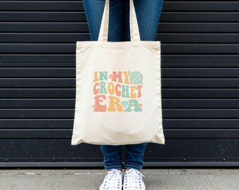 In My Crochet Era Canvas Tote Bag, Crochet Tote, Crafting Bag, Retro Tote, Yarn Bag, Gift for Her, Petit Cadeau, Day Bag, Market Tote
