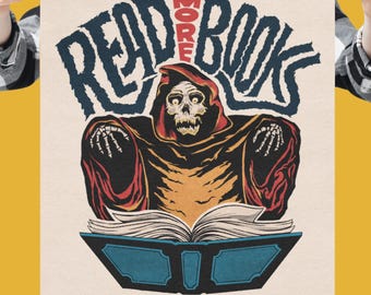 Read More Books Grim Reaper Poster Print | Funny Literary Wall Art | Custom Illustrated Reading Poster | Book Lover Gift | Library Decor