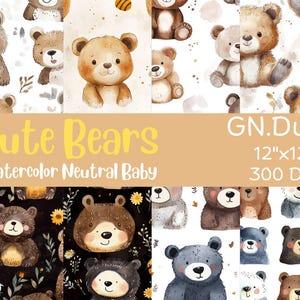 Pacote de papel neutro para recém-nascidos em aquarela para impressão, página de urso bebê boho, fundo neutro de gênero, cenas de bebê boho, aquarela sem costura