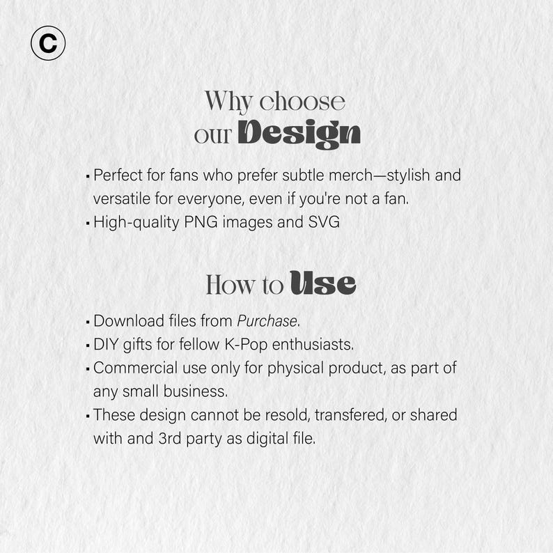 May include: A cream-colored graphic with the text "Why choose our Design" and "How to Use." The text describes the design's versatility and use for K-Pop enthusiasts, with high-quality PNG and SVG images.