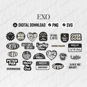 Puede incluir: Un conjunto de gráficos de descarga digital con la palabra "EXO" y frases como "Overdose" y "Lucky One". Los gráficos en blanco y negro presentan diversas formas y fuentes, perfectos para proyectos digitales.