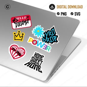 May include: A collection of colorful stickers on a laptop. The stickers include phrases like "HELLO DRAMA," "POWER," and "HOME SWEET HOME." Other designs include a crown, a heart, a flower, and the words "YRO DROP."