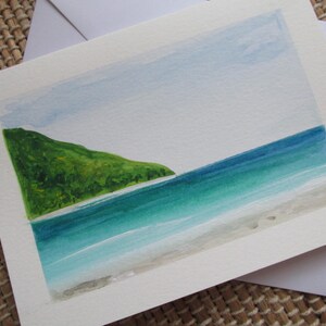 Aquarelle originale de plage, carte de correspondance vierge, plage tropicale, peinture originale