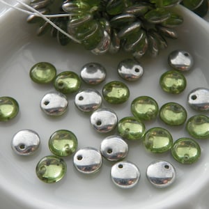Czech Glass, Lentil Bead, 6mm flat bead, Lime Green Two-Way Silver Lentil Beads - 25 beads