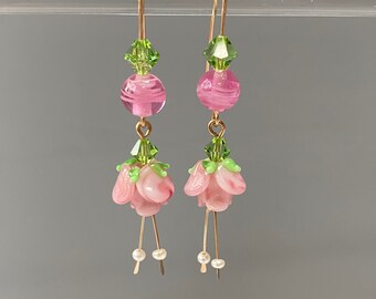 Pink Lamp Work Glass Rose Earrings