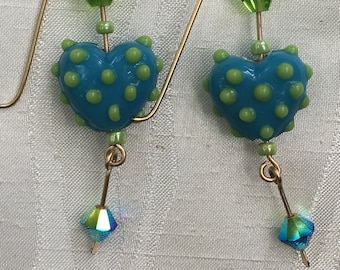 Dotty lampwork heart earrings