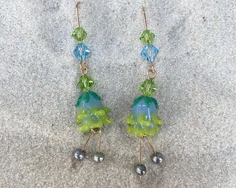 Intricate Slate Blue and Green Flower Earrings