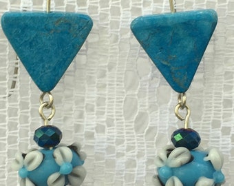 Gold, aqua howlite, and lampwork glass beaded earrings