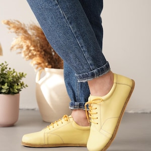 Yellow Women’s Leather Barefoot Sneakers – Zero Drop Minimalist Wide Toe Box Shoes, Flexible Natural Walking Casual Footwear