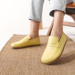 Yellow Leather Barefoot Loafers for Women – Wide Toe Minimal Shoes | Zero Drop Comfort | Handmade Casual Penny Slip-On Flats