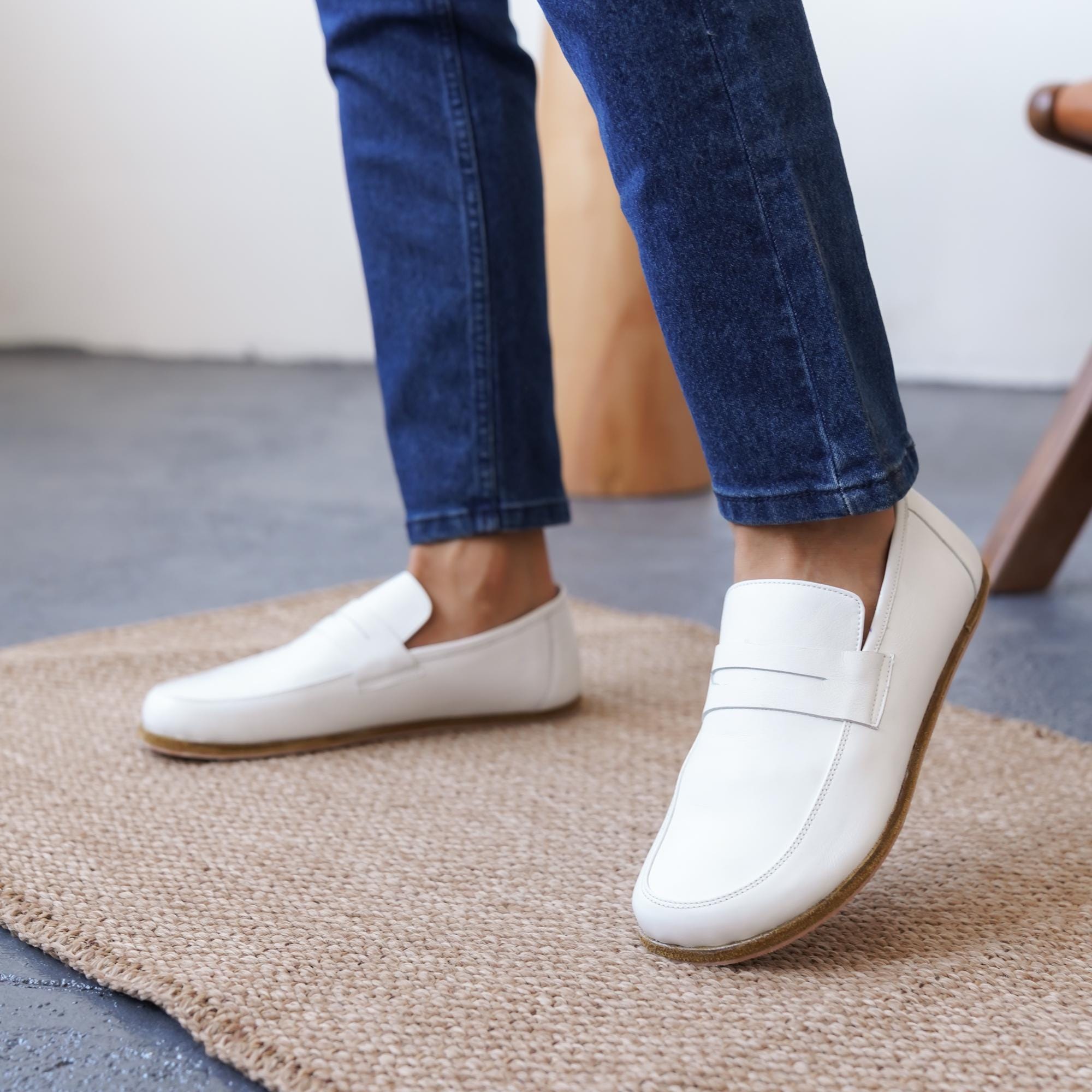 Handmade White Leather Penny Loafers – Minimalist Barefoot 